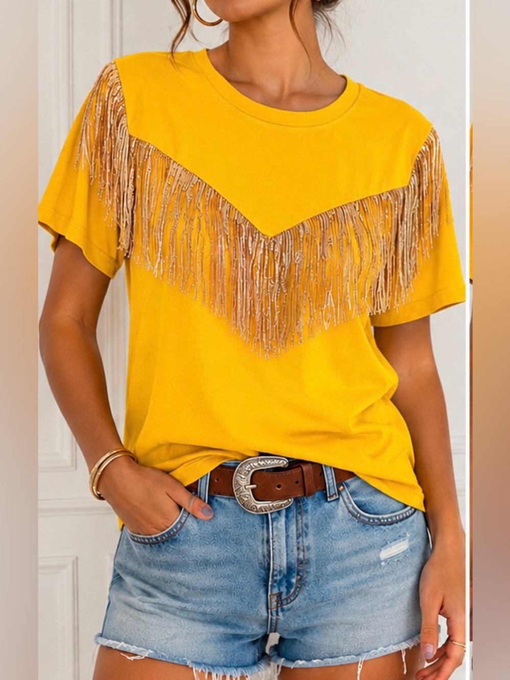 🌹✅Mustard Fringe Accent Short Sleeve Top